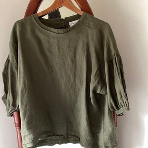 Apiece Apart 100% Linen Army Green Puff Sleeve Blouse Size Medium